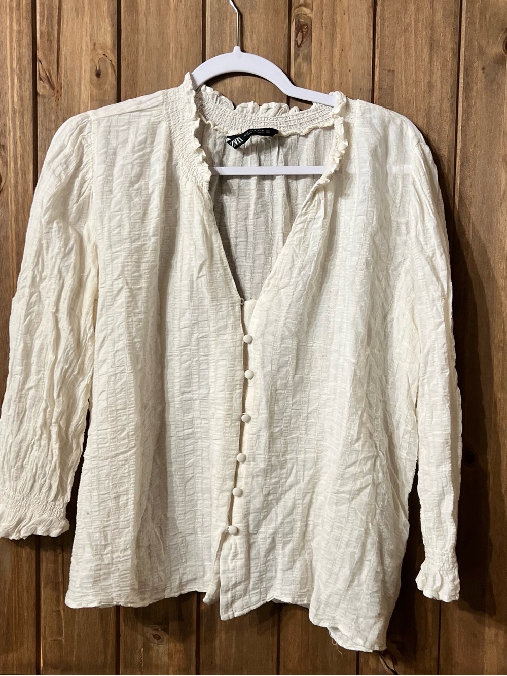 Zara Cream Button-Front Textured Blouse